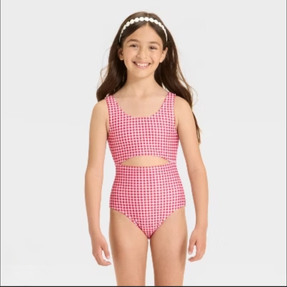 Girls Red Gingham Swimsuit - Picture 2 of 10
